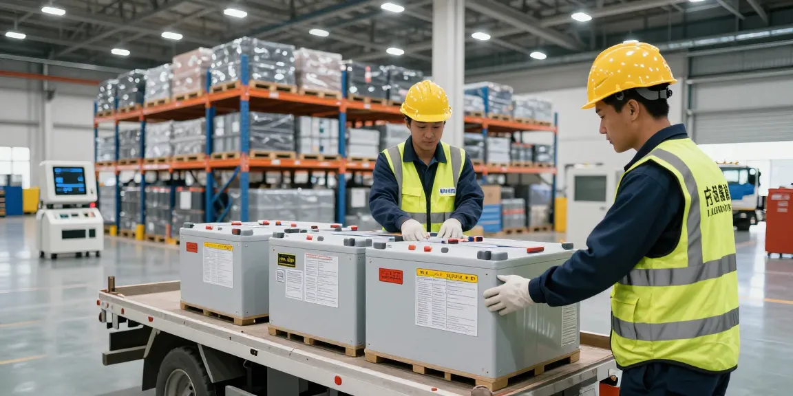 Batterie Transport in Dortmund: Fachkräfte laden Lithium-Batterien sicher in modernen Lagerhaus.