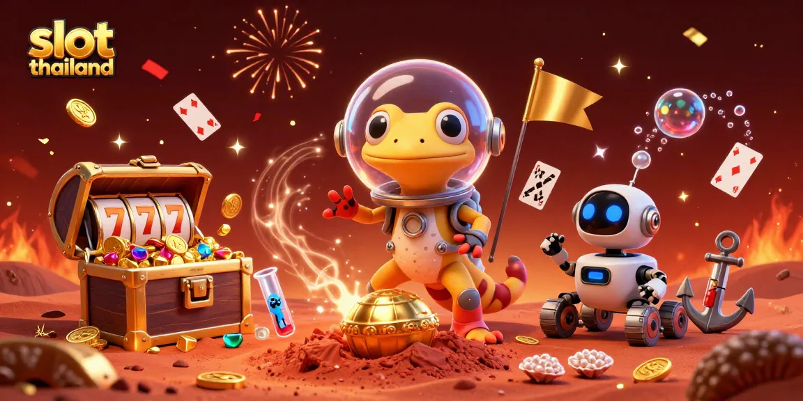 Experience thrilling fun and adventure with slot thailand as Martian gecko discovers a golden casino in this vibrant illustration.