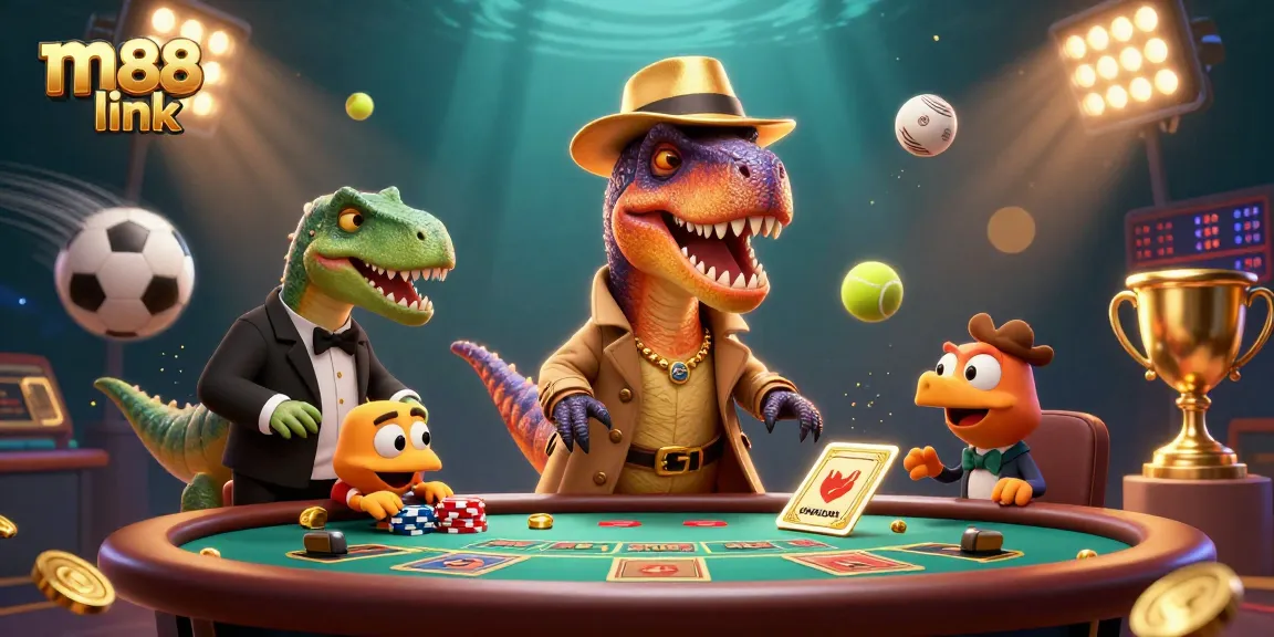 Bet on m88 link with a vibrant casino scene featuring a velociraptor card counter, stegosaurus pit boss, and compy pickpocket.