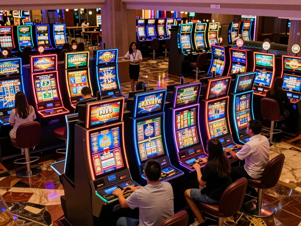 Players engaging with vibrant slot machines in a busy casino, showcasing excitement and entertainment.