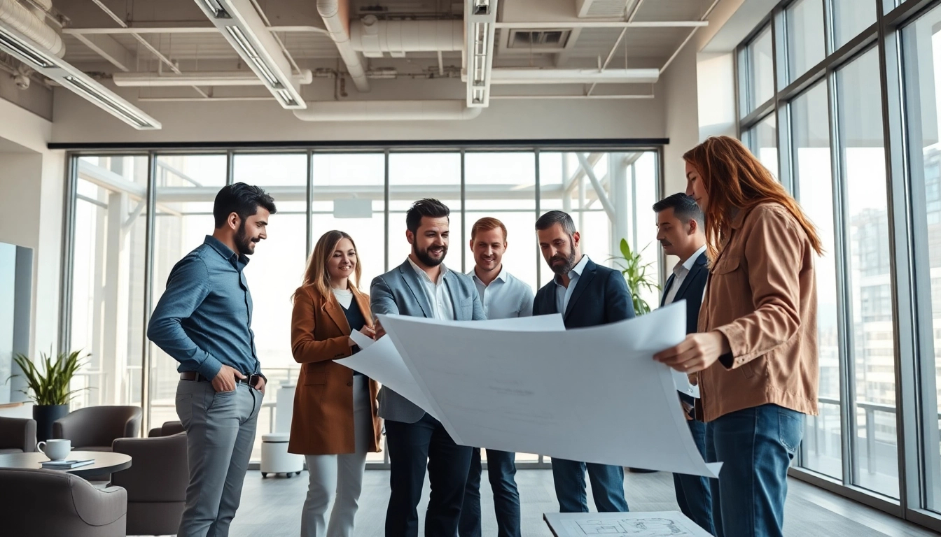 Engaging team discussing architectural design services in a modern workspace.