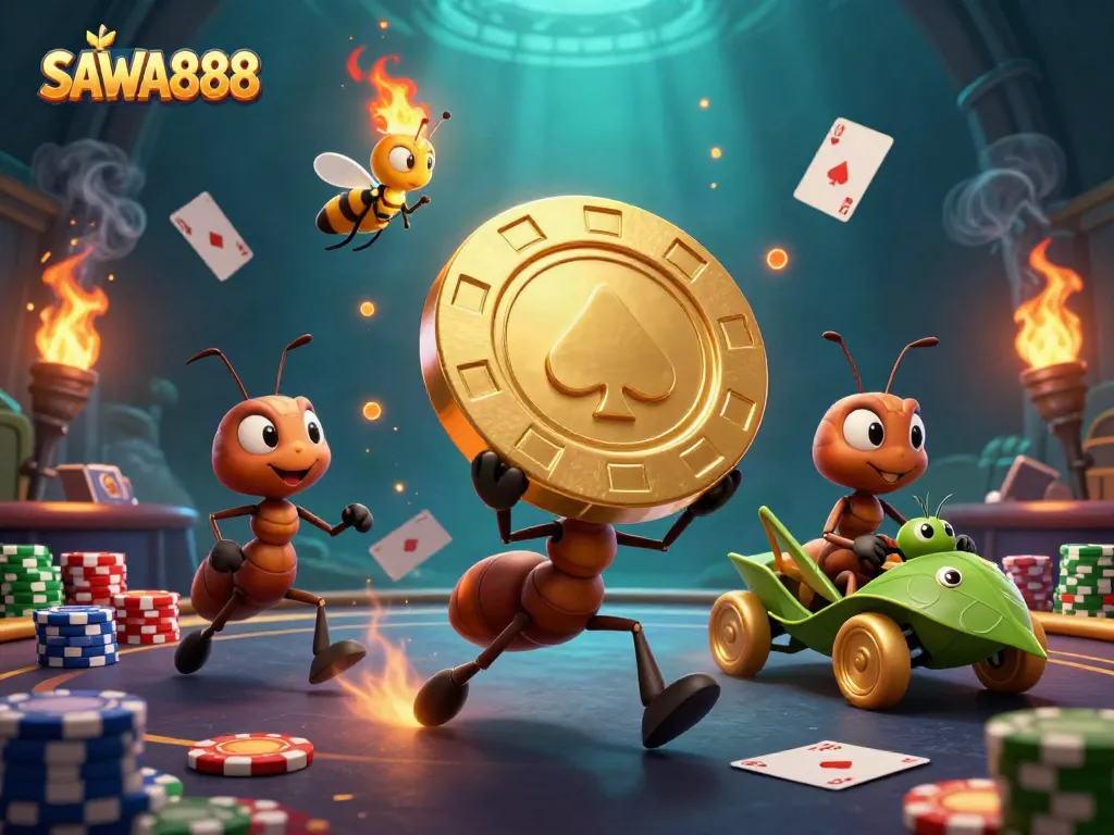 Experience SAWA888 with a thrilling illustration of ants capturing a giant poker chip in an underwater heist.