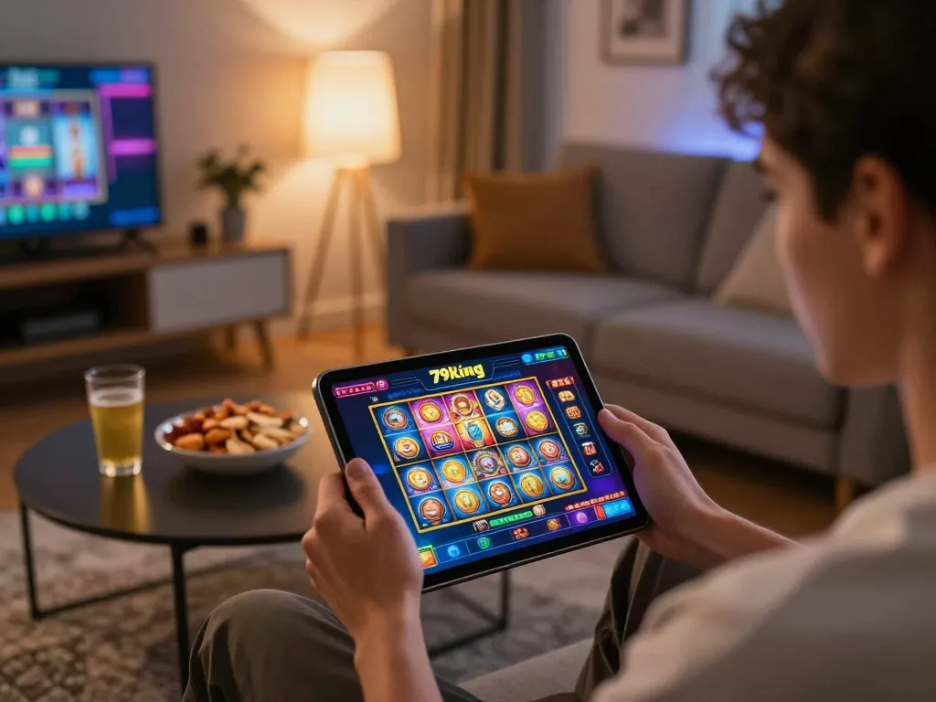 Player enjoying exhilarating slots action on the 79king app from home, showcasing vibrant gameplay and comfort.