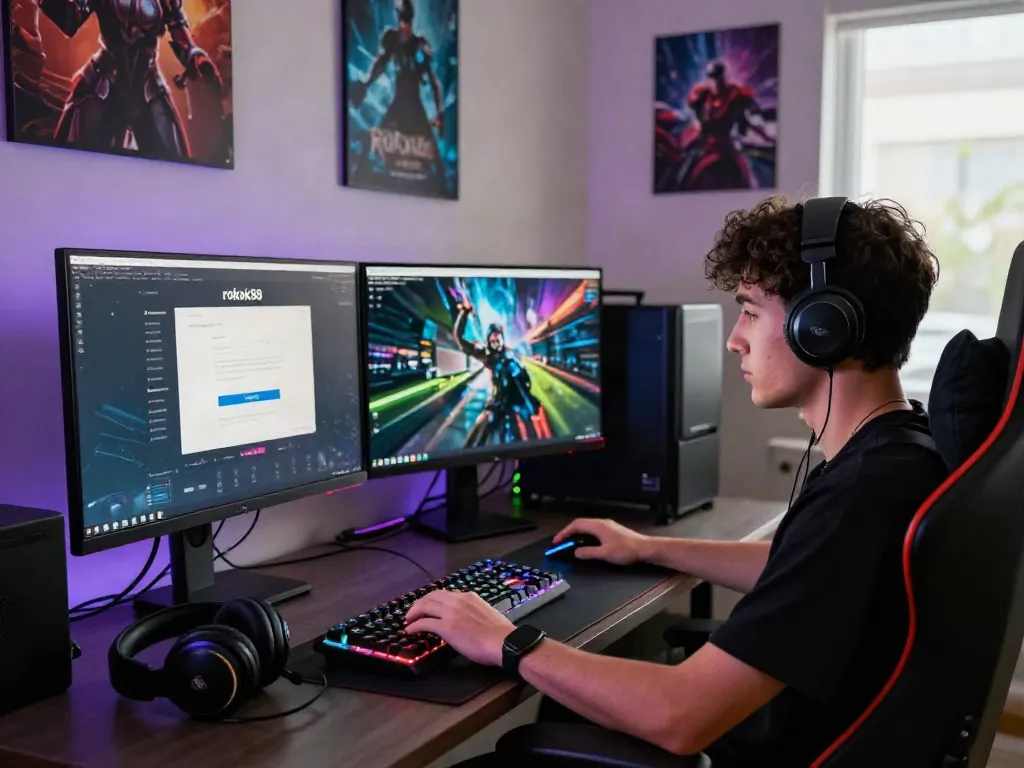 rokok88 login scene with a focused gamer at a modern workstation