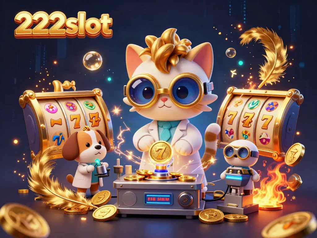 Permainan menarik di 222slot dengan kucing ilmuwan dan anjing, dikelilingi koin emas dan efek bercahaya.