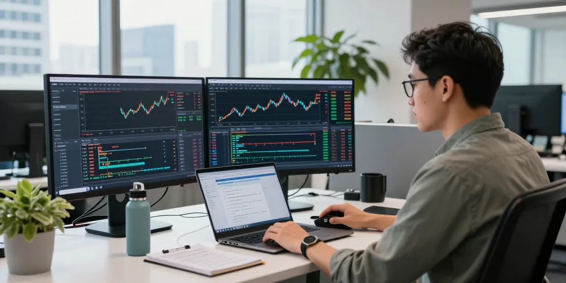Trader using MetaTrader 5 on multiple screens in a modern office setting.