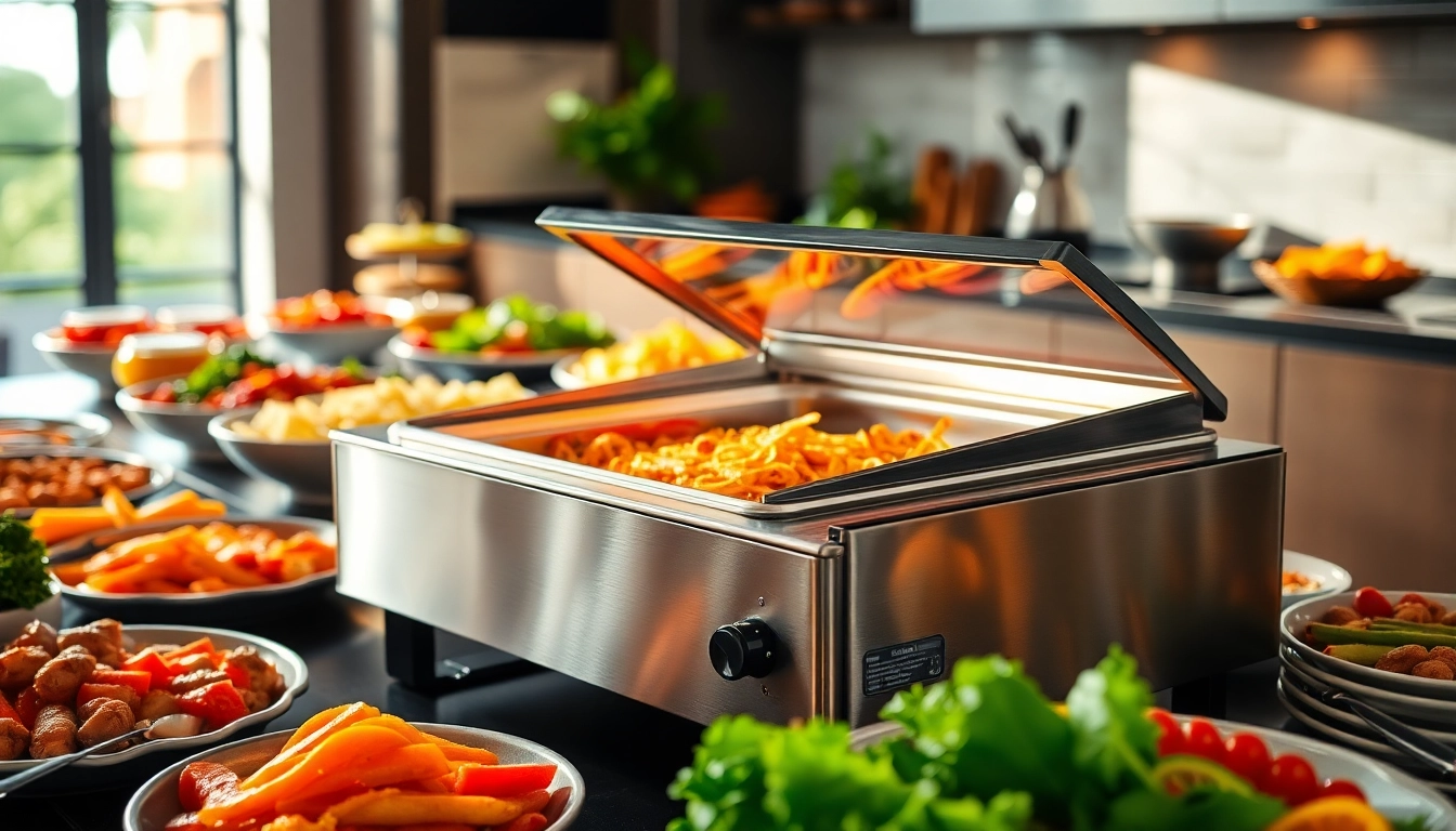 Showcase of a food warmer maintaining optimal temperatures for catering events with fresh dishes.