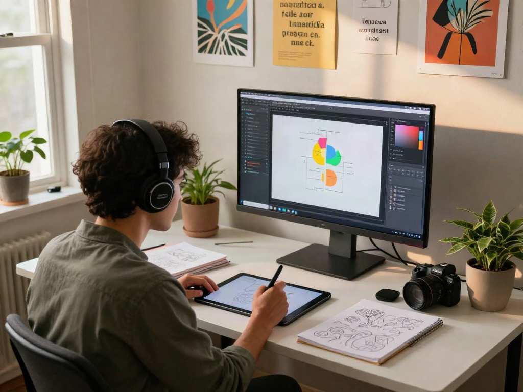 Creative workspace featuring artist at desk exploring nsfw ai design concepts in a vibrant environment.