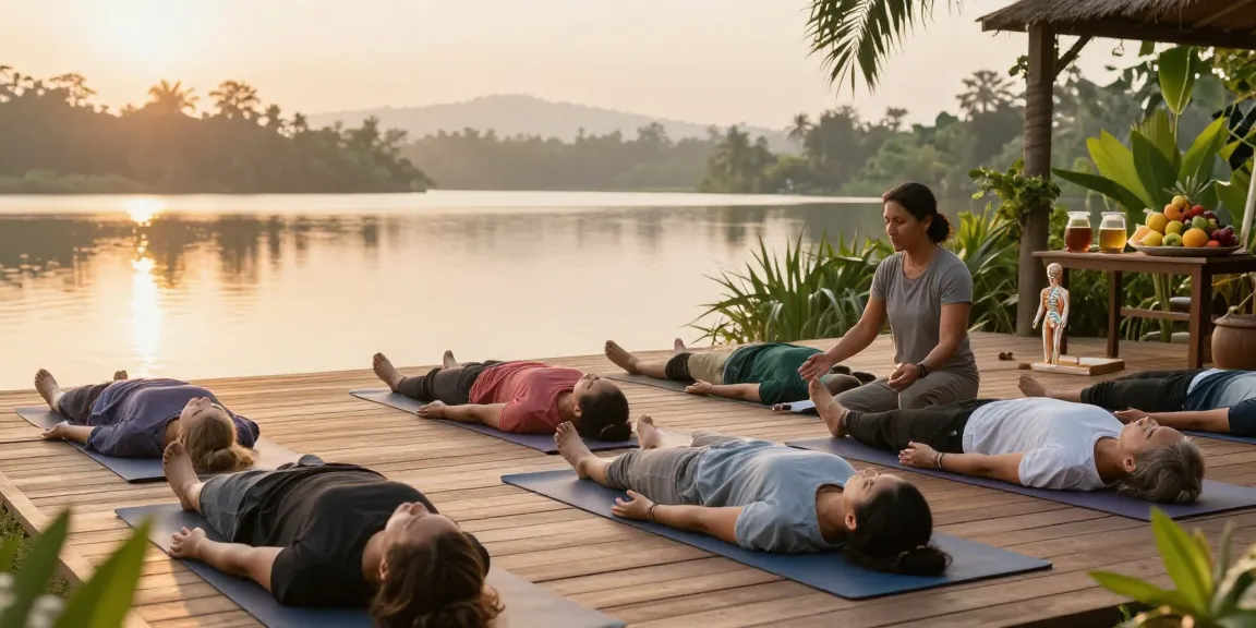 yoga alliance teacher training sri lanka with students practicing Vinyasa flow by Koggala Lake at sunrise
