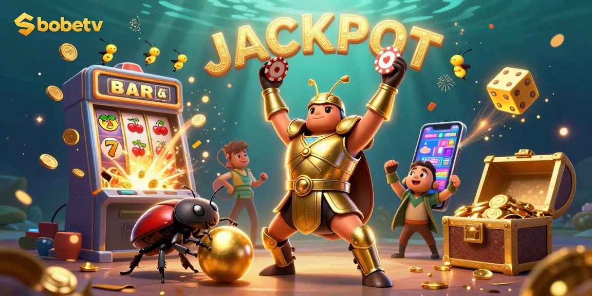 Experience sbobetv's thrilling jackpot scene with vibrant characters and exciting casino elements!