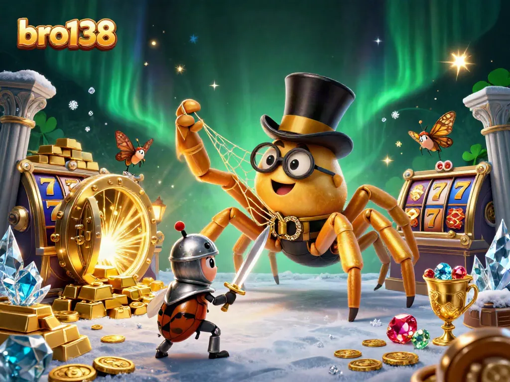 Bro138 showcases a dynamic 3D casino scene with a golden tarantula and beetle knight amidst jackpot reels.