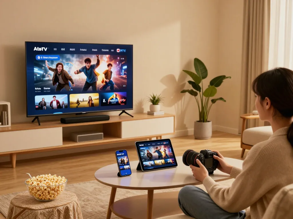 Profiter d’Atlas Pro ONTV sur Smart TV dans un salon confortable avec plusieurs appareils.