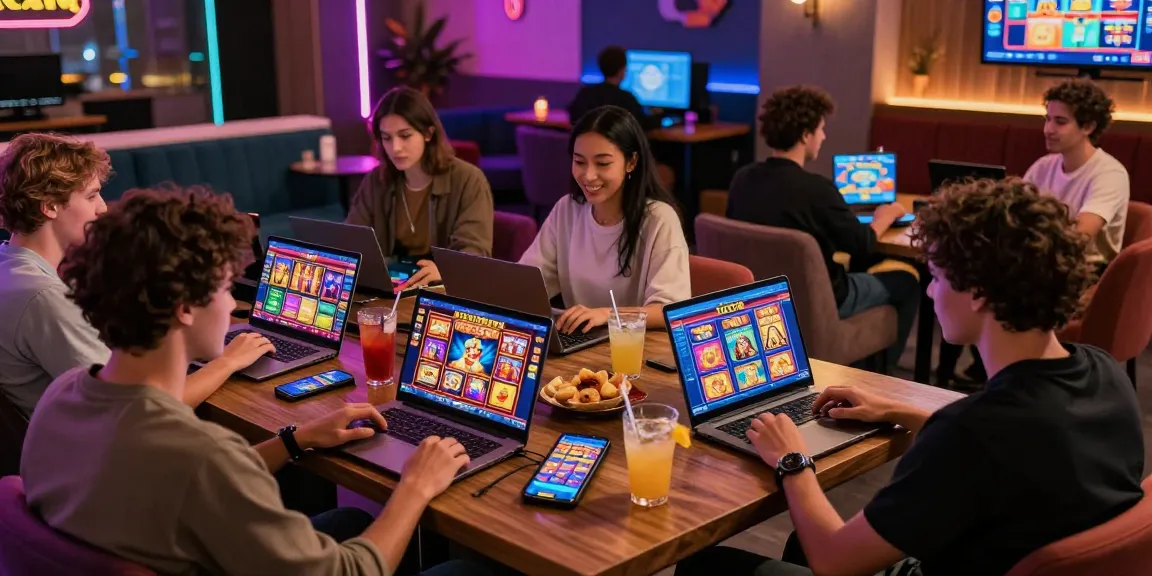 Players enjoying new online slot sites in a lively casino lounge, showcasing vibrant game graphics.