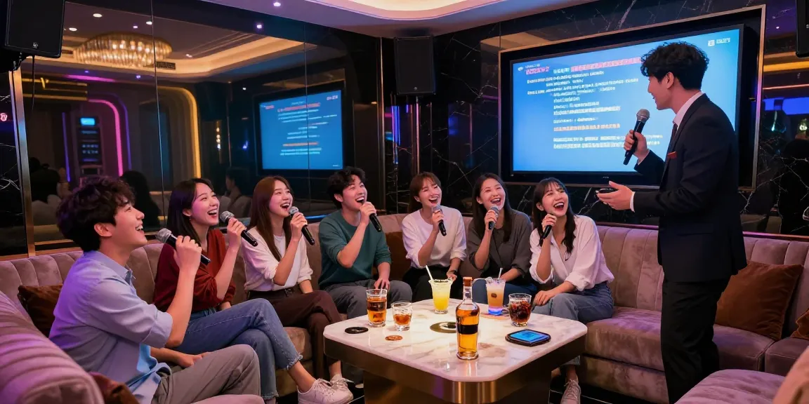 Experience the vibrant atmosphere of 강남가라오케 with friends enjoying premium drinks and lively karaoke.