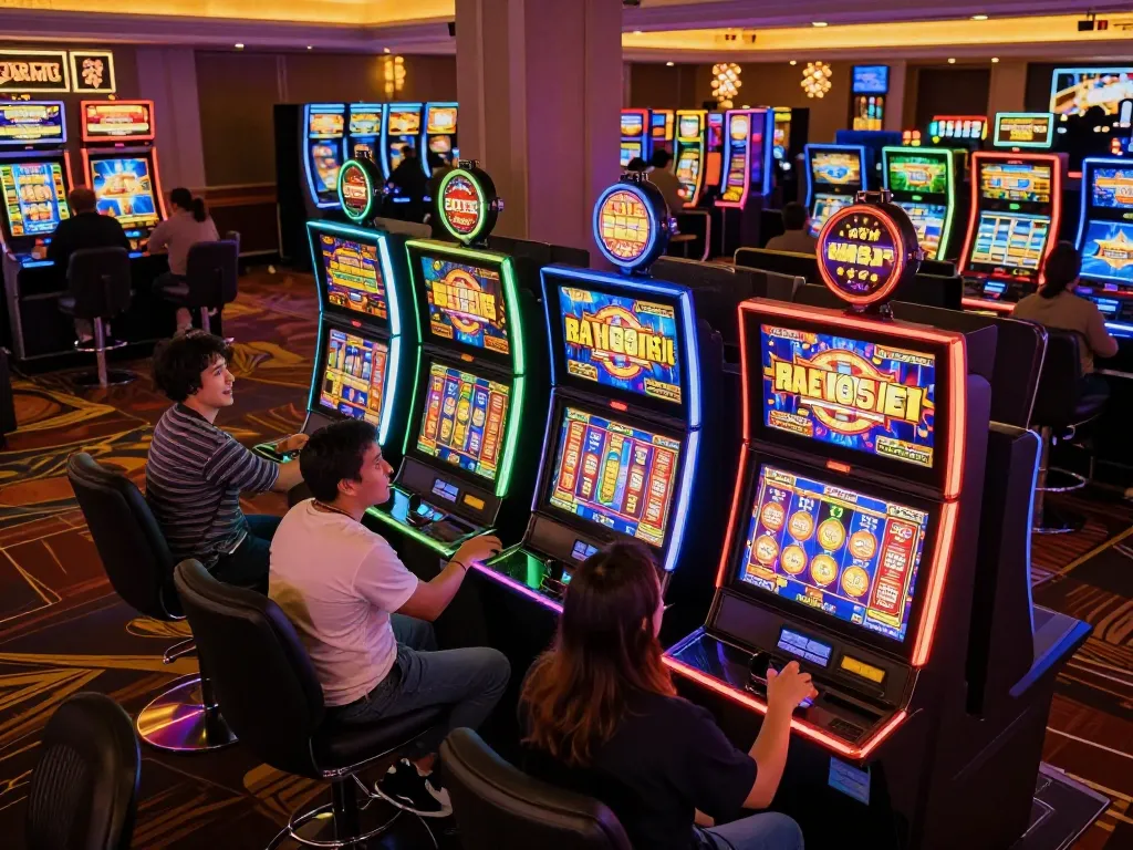 Engaging players spinning slot machines in a vibrant casino atmosphere filled with excitement and colorful displays.