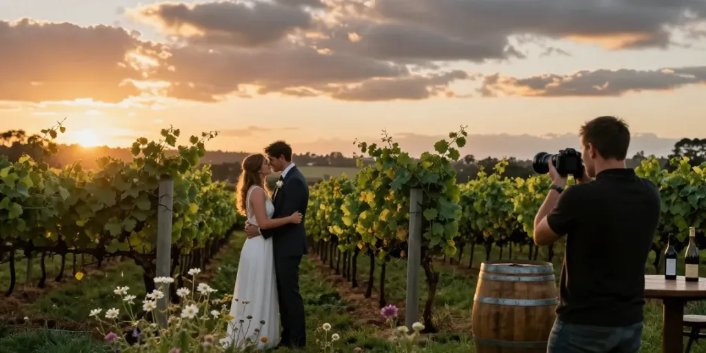 Engaged couple in a vineyard capturing wedding photography Hunter Valley magic at sunset.