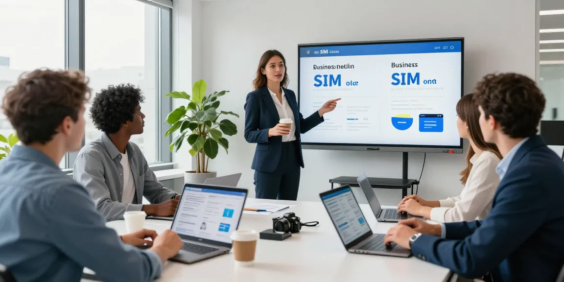 Team collaborating on business SIM only deals UK in a modern office setting.