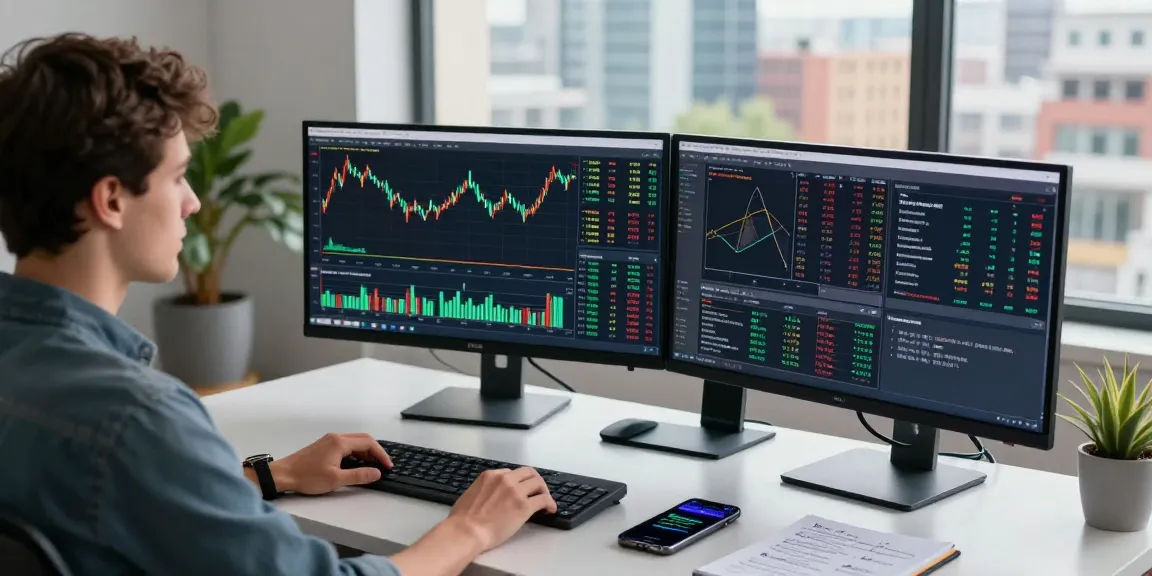 Trader using MetaTrader 4 with dual monitors showing forex charts in a modern office.