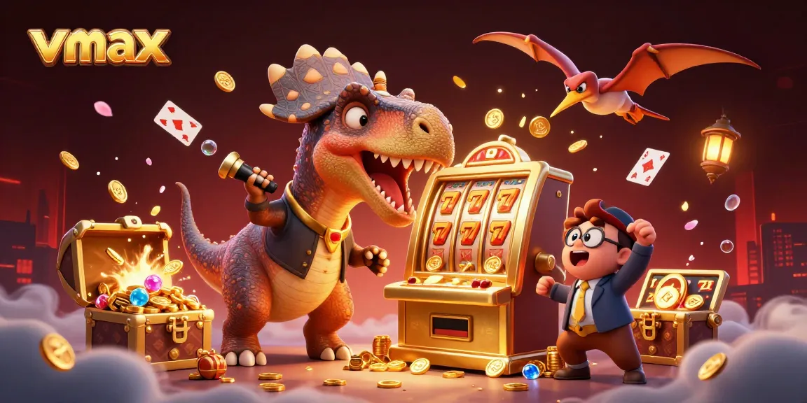 Vmax offers thrilling casino experiences as a pachycephalosaurus wins jackpot coins at a vibrant casino.
