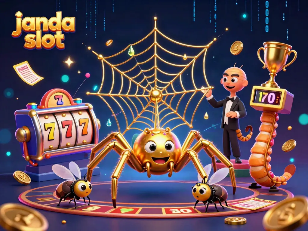 Janda slot menampilkan laba-laba emas 3D dan centipede croupier dalam permainan slot di kasino.