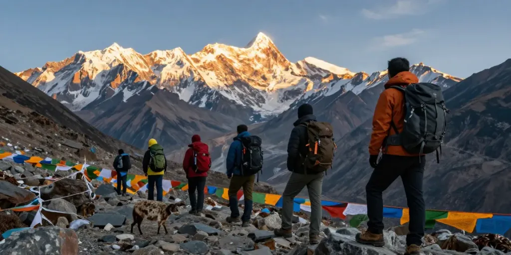 Manaslu Trek trekkers enjoying the stunning views at Larkya La Pass surrounded by majestic mountains.