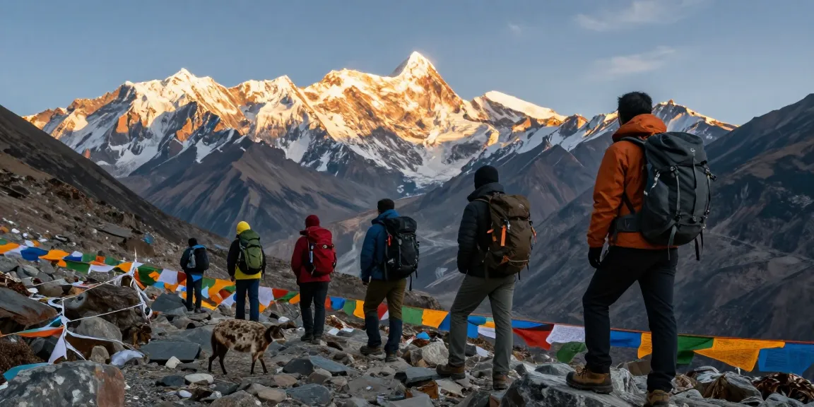 Manaslu Trek trekkers enjoying the stunning views at Larkya La Pass surrounded by majestic mountains.