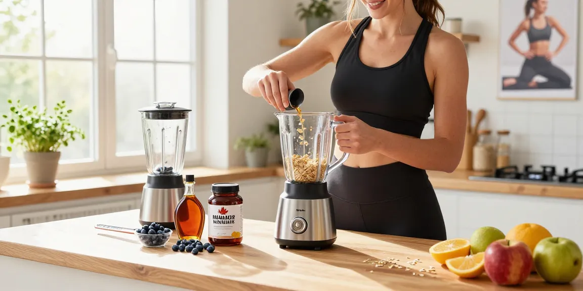 Preparing made in Canada supplements in a bright kitchen environment with natural ingredients and fitness elements.