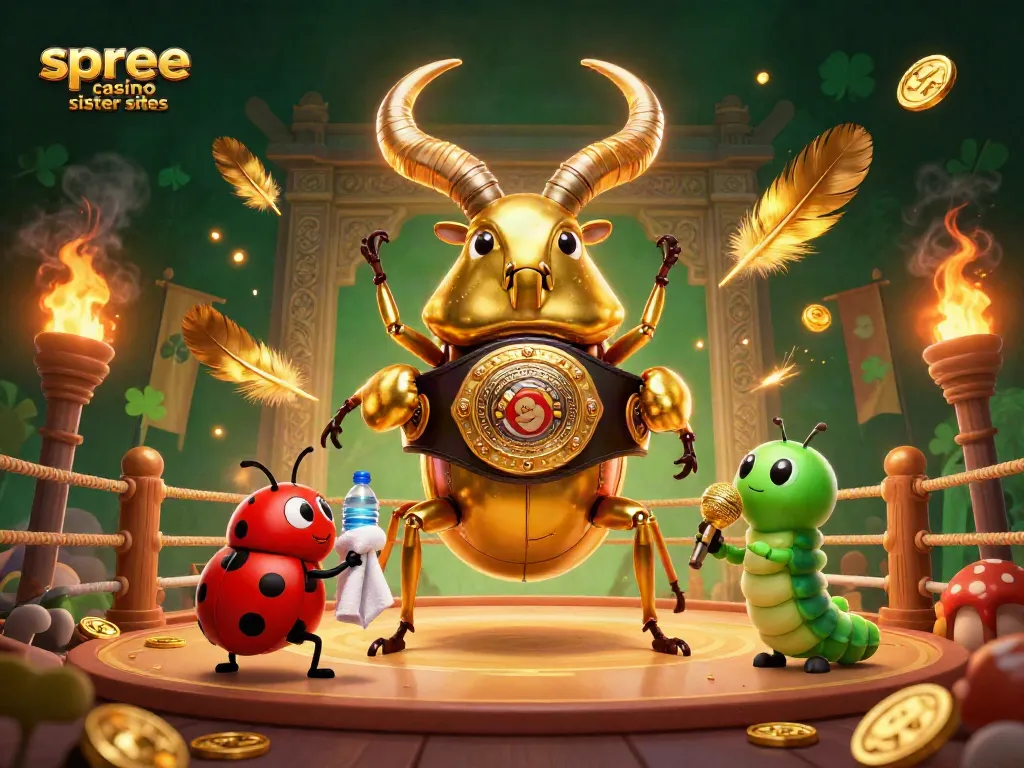 Engage with spree casino sister sites in a vibrant gambling arena featuring animated characters.