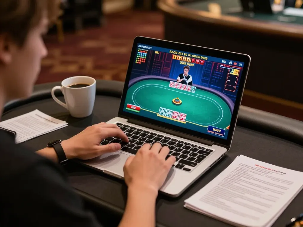 Engaging player enjoying RR88's online poker gaming session with detailed gameplay visible on the laptop