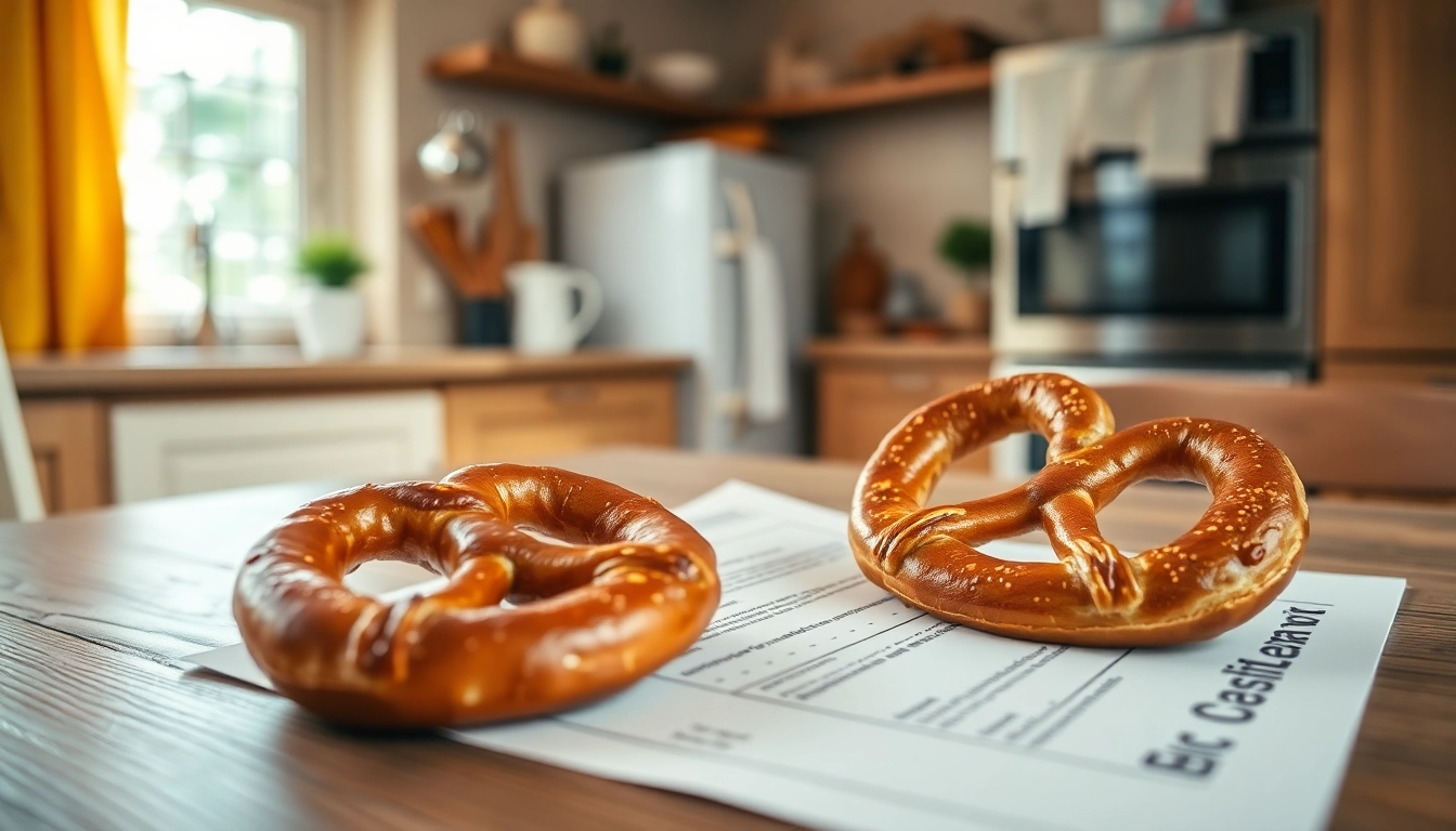 Showcase of Pretzel warranty reviews and trust with a warranty document and a tasty pretzel in a warm kitchen setting.
