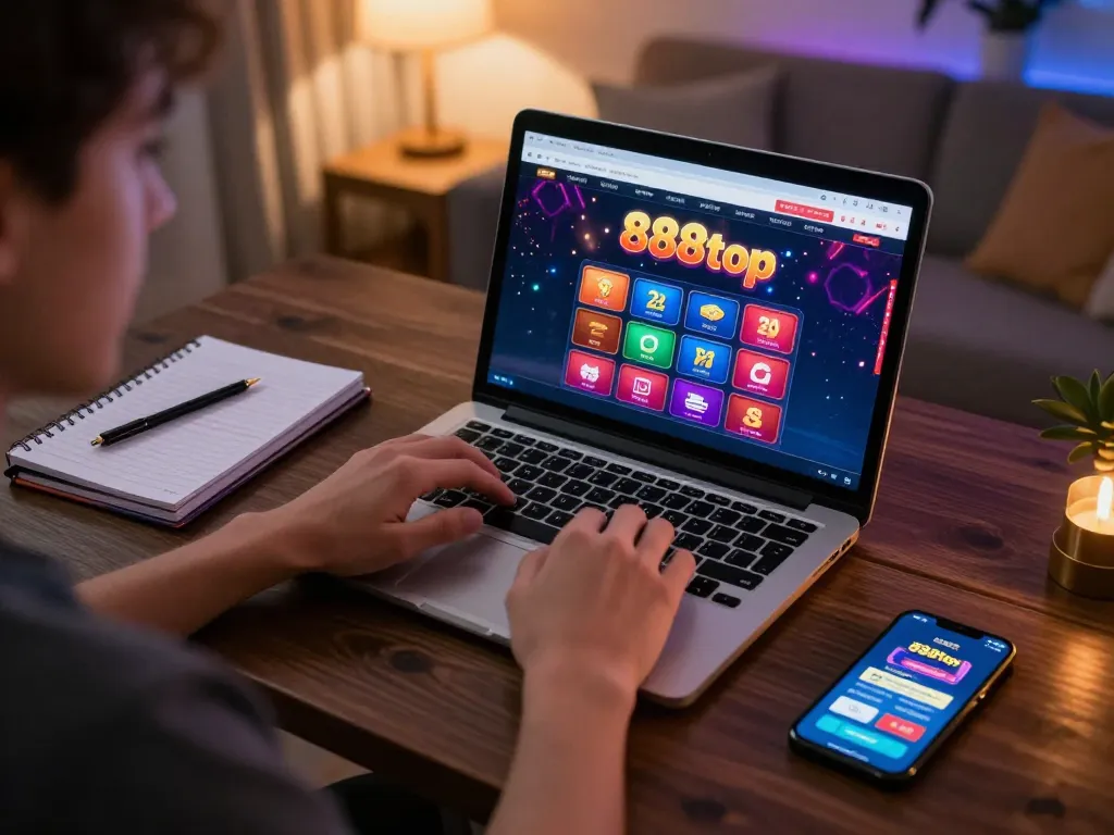 Experience the thrill of online gambling with 888top, featuring a player engaged in strategic betting at home.