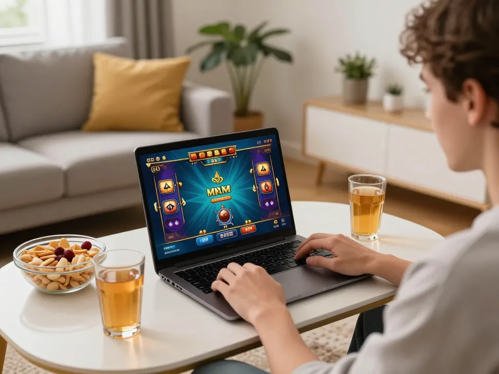 Engaging in MM 88 online gameplay at home with a cozy setup and vibrant interface.