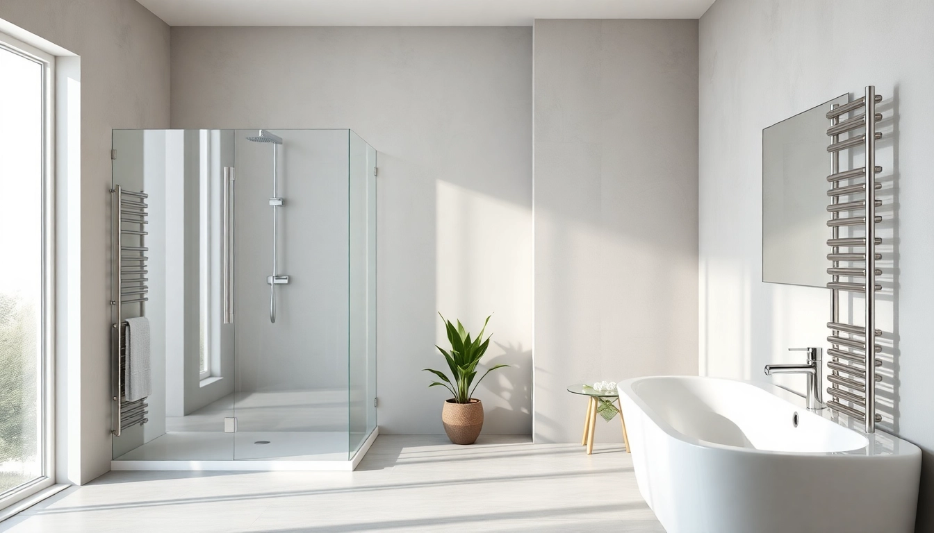 Gestalte ein modernes Badezimmer mit sonni sanitär GmbH Produkten, einschließlich eleganter Duschwände und Designerheizkörper.