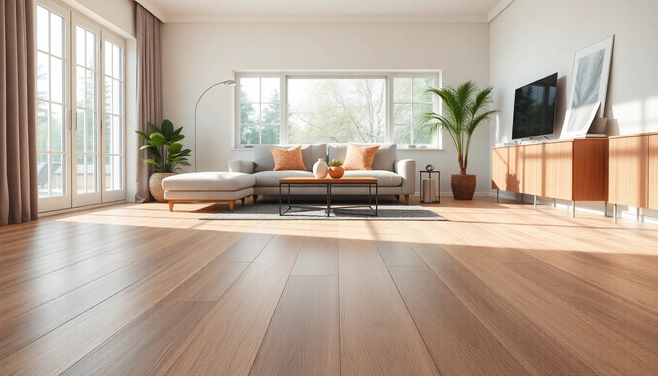 Elegant living room with waterproof vinyl flooring, emphasizing style and functionality in bright lighting.