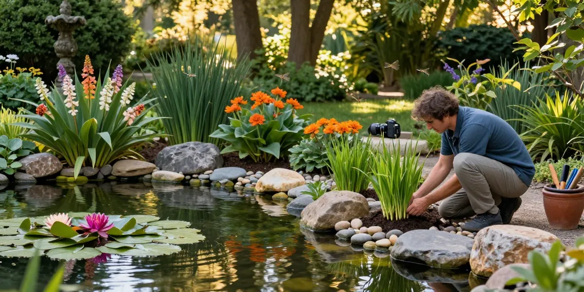 Marginal pond plants flourishing in a tranquil garden pond scene with a gardener planting new greenery among rocks.