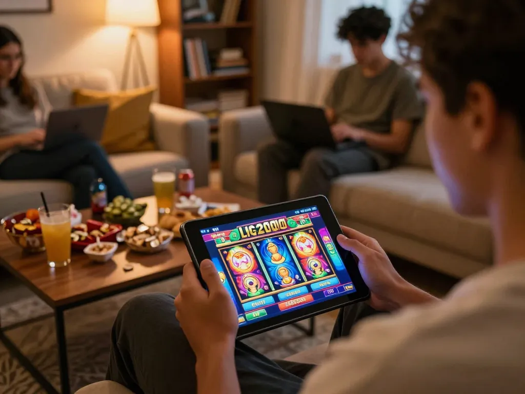 LIGA2000 online gaming experience with players enjoying slots on a tablet in a cozy home setup
