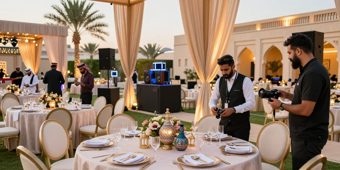 Event rental ksa setup with elegant table decorations and AV equipment in Saudi Arabia.