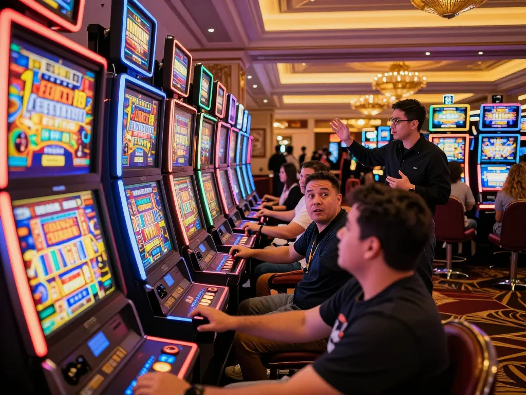 Players enjoying slot gacor machines in a vibrant casino atmosphere, showcasing dynamic winning moments.