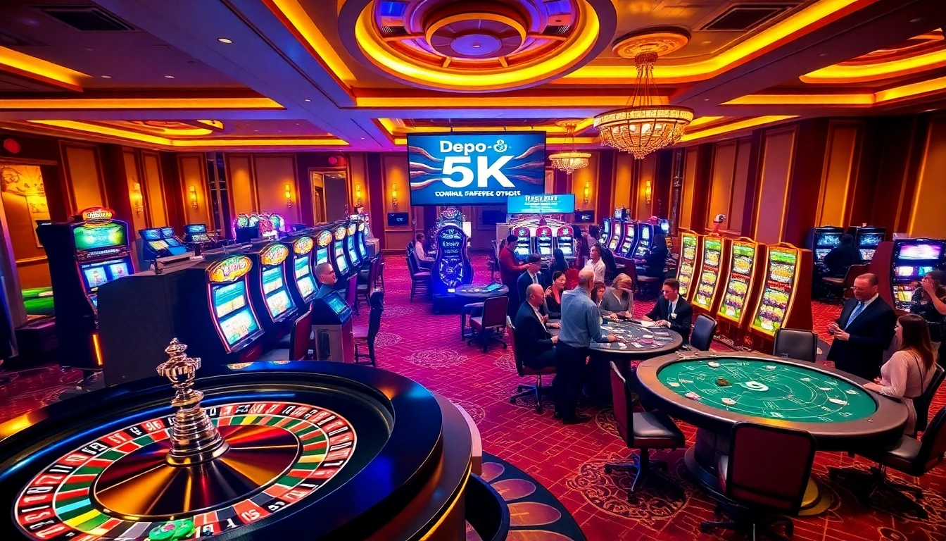 Experience the thrill of gambling with depo 5k on a bustling casino floor featuring slot machines and poker tables.