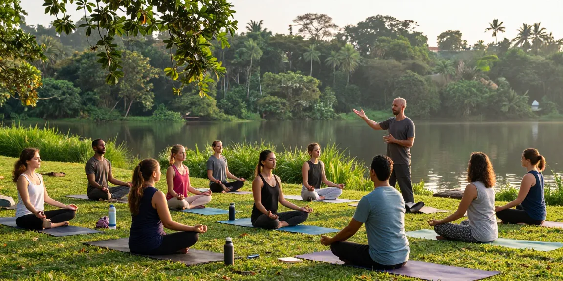 Students engaged in 200hr YTT sri lanka session by Koggala Lake, led by instructor Stefan in peaceful surroundings.