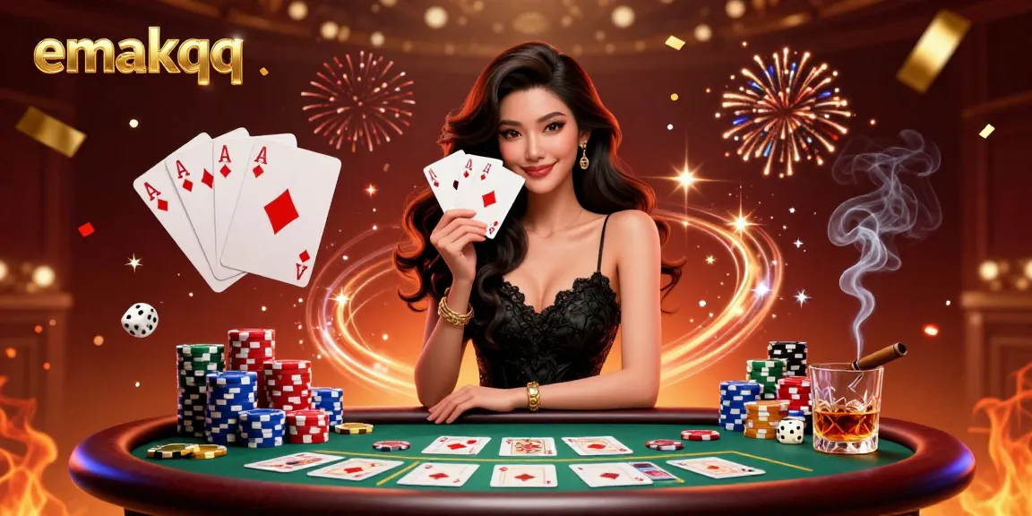 Experience the thrill of poker with emakqq as an elegant woman holds ace cards in a vibrant casino scene.