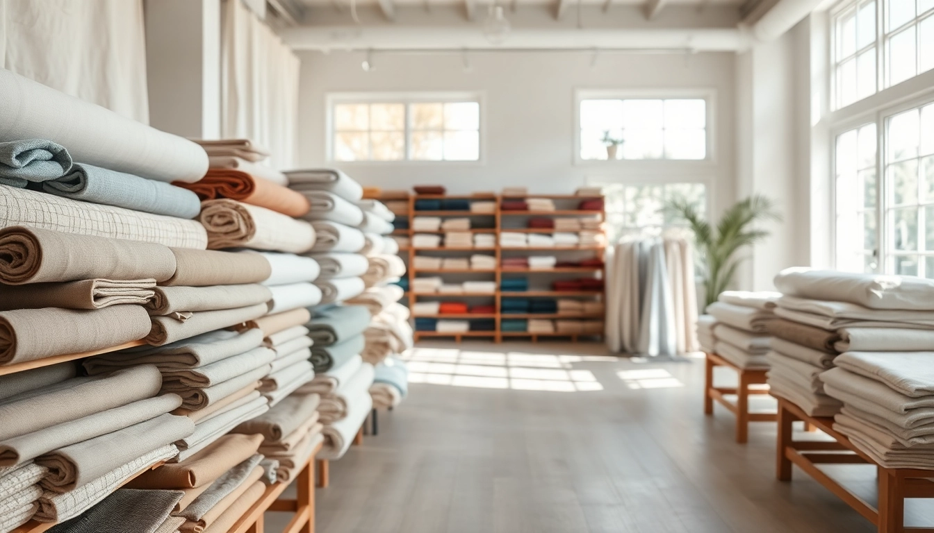 Linnen stoffen in diverse kleuren en texturen, gepresenteerd in een stijlvolle showroom.
