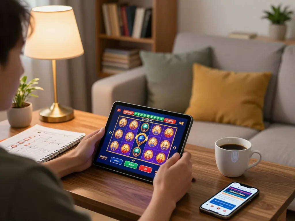 Player engaging with situs slot gacor on a tablet while enjoying a cozy home environment with strategy notes.