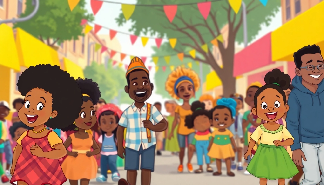 Celebration of African American Cartoons featuring iconic characters at a vibrant street festival.