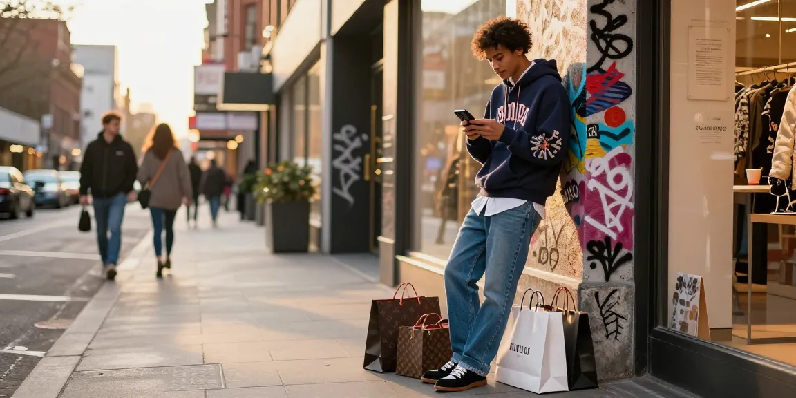 Stylish individual in trendy outfit showcasing luxury 레플리카 shopping experience in urban street.