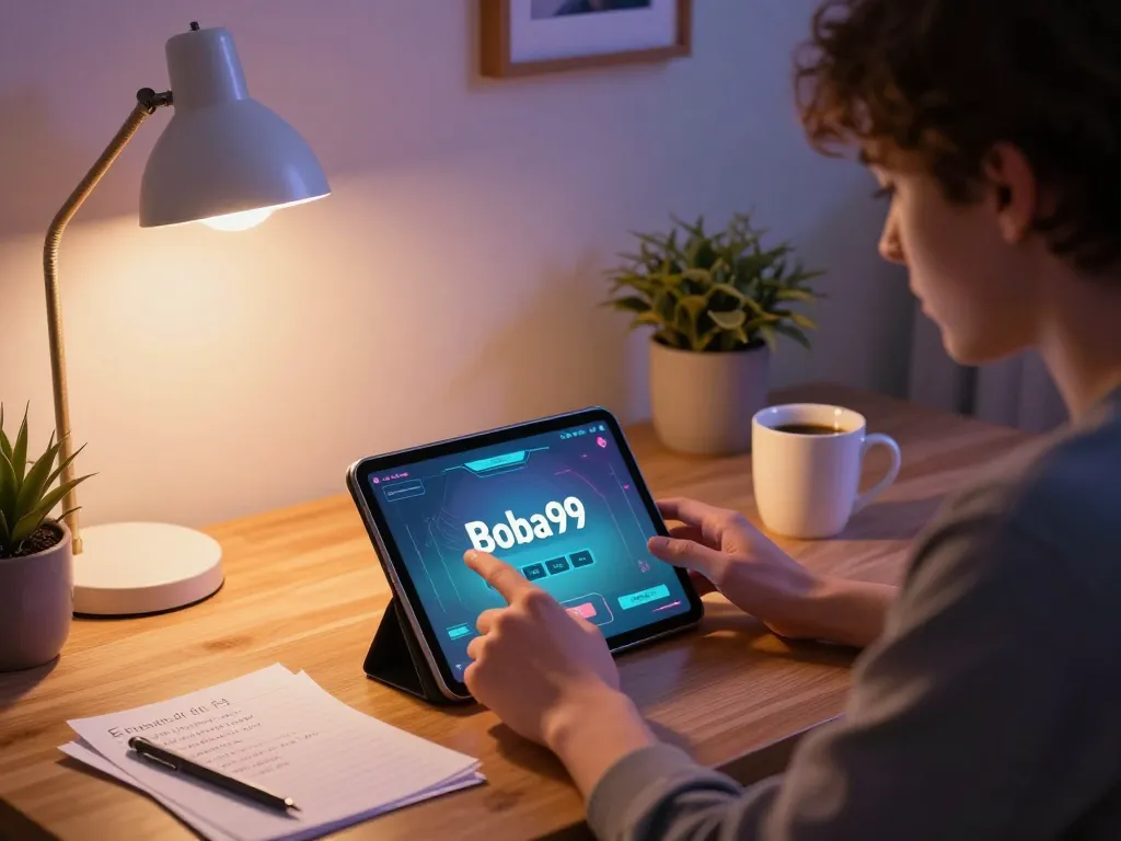 Pemain Boba99 menggunakan tablet untuk perjudian online dengan catatan strategi dan pencahayaan yang nyaman