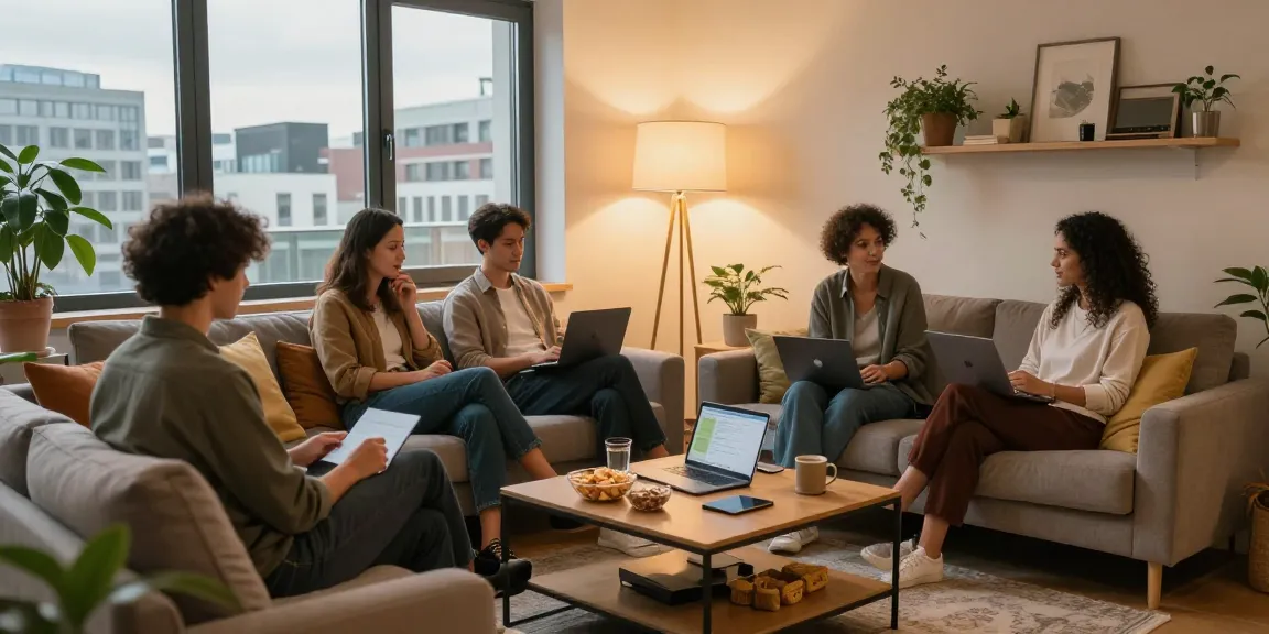 Monteurzimmer Hannover: Gemütliches Apartment mit Geschäftsleuten bei der Entspannung und Teamarbeit in moderner Umgebung.