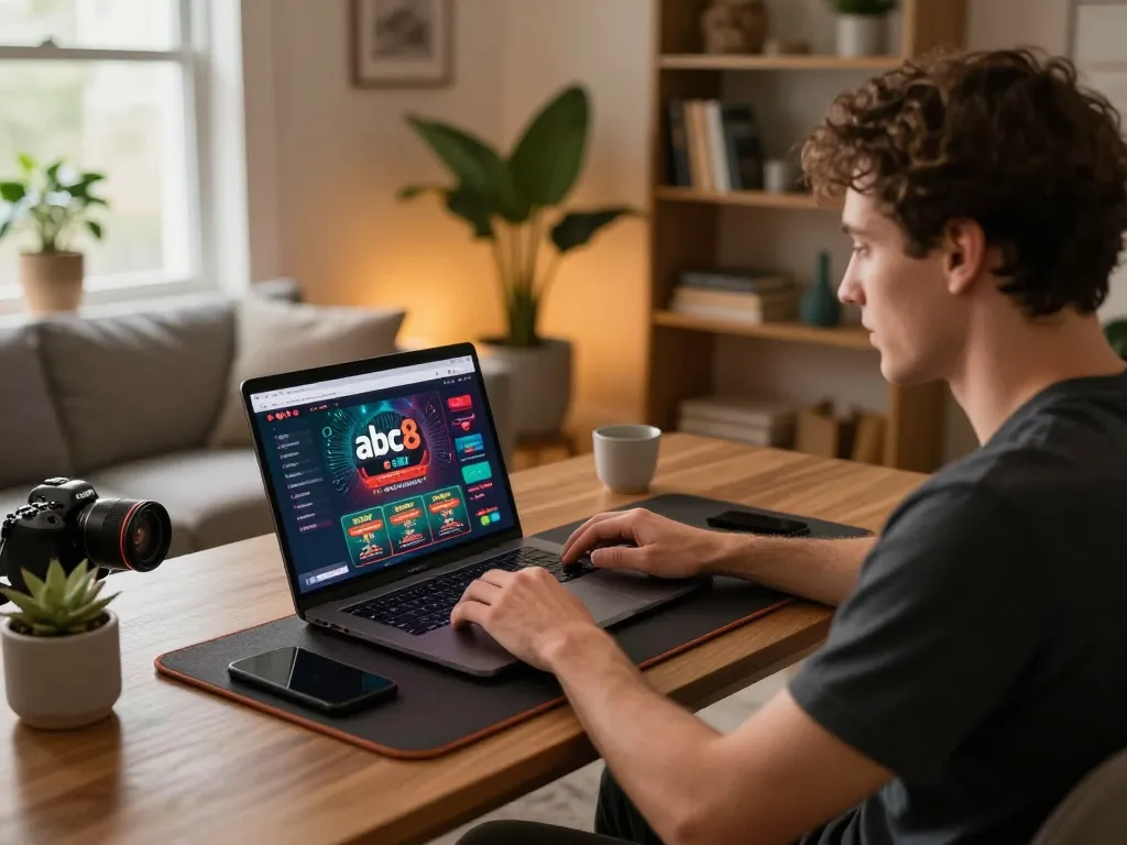 Player engaging with the abc8 online casino platform at home, highlighting strategic gameplay and responsible entertainment