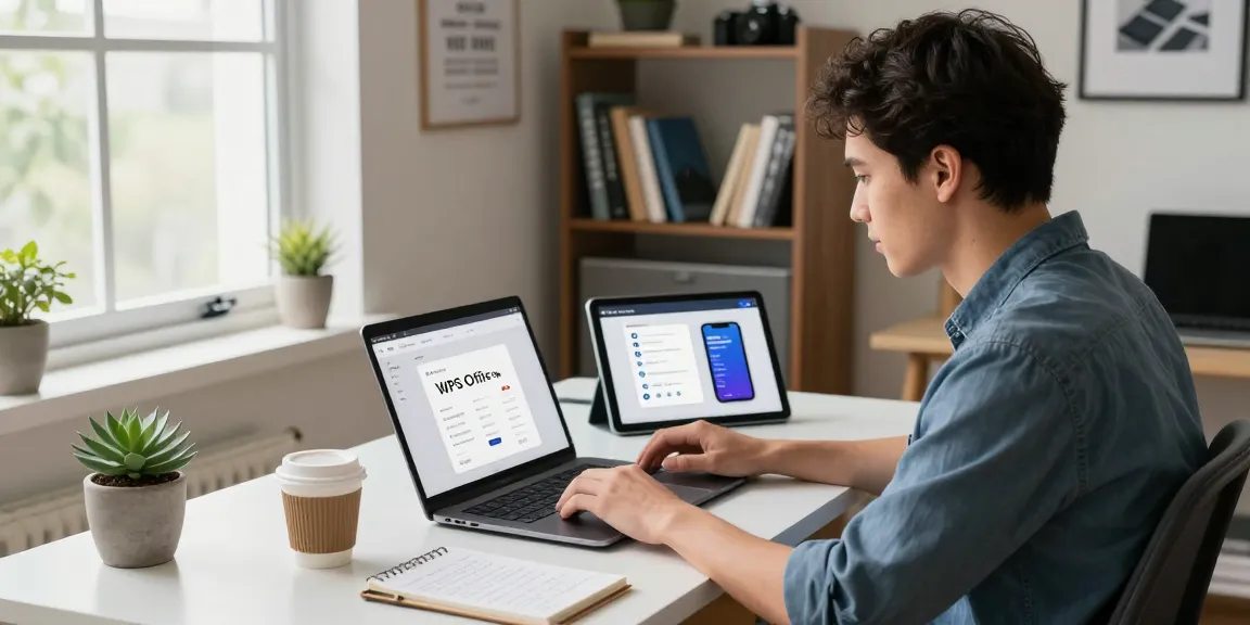 Downloading WPS Office in a modern home office workspace with tech gadgets and natural light.