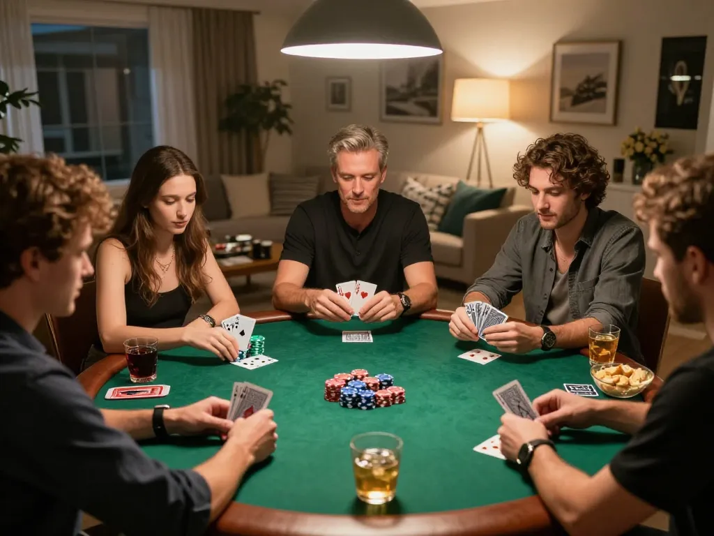 Friends enjoy a lively poker night at home, showcasing engaging gameplay and camaraderie with qh88go apps.